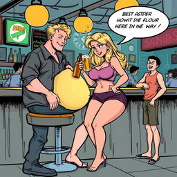 A comic book style illustration featuring a beautiful, sexy, curvy blonde girl with an innocent demeanor, clad in tight shorts and a snug tank top