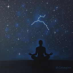 A serene acrylic painting featuring a figure meditating while seated on the ground, depicted as a striking black silhouette
