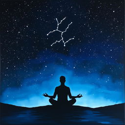 A serene acrylic painting featuring a figure meditating while seated on the ground, depicted as a striking black silhouette