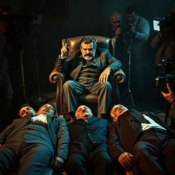 Saddam Hussein sitting confidently on a chair, holding a Cuban cigar in his hand