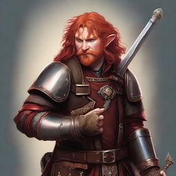 Depict a digital art image of a red-headed hobbit bard