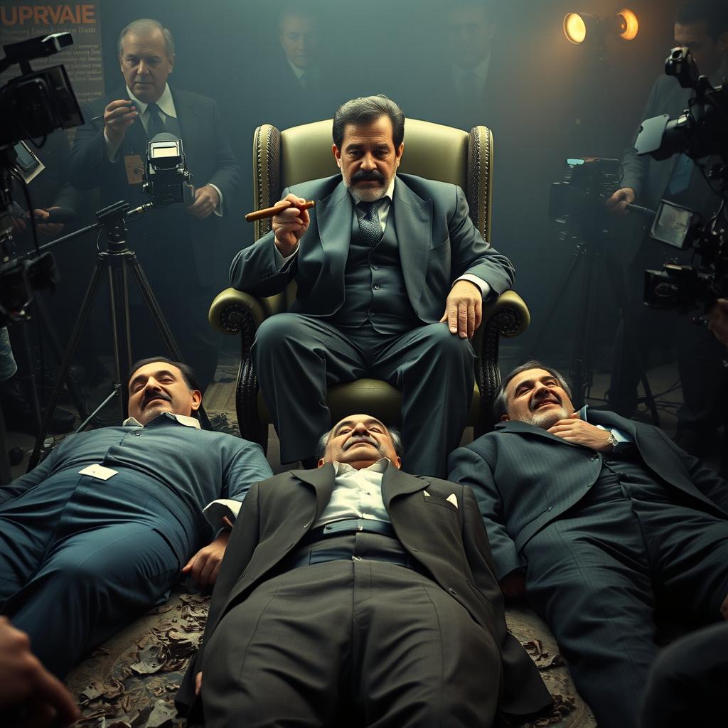 Saddam Hussein sitting confidently on a chair, holding a Cuban cigar in his hand