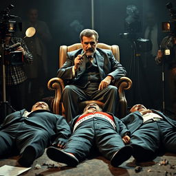 Saddam Hussein sitting confidently on a chair, holding a Cuban cigar in his hand
