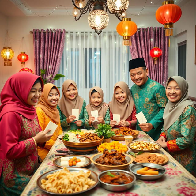 A vibrant and festive Hari Raya celebration scene, featuring a traditional Malaysian family gathering in a beautifully decorated home