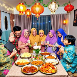 A vibrant and festive Hari Raya celebration scene, featuring a traditional Malaysian family gathering in a beautifully decorated home