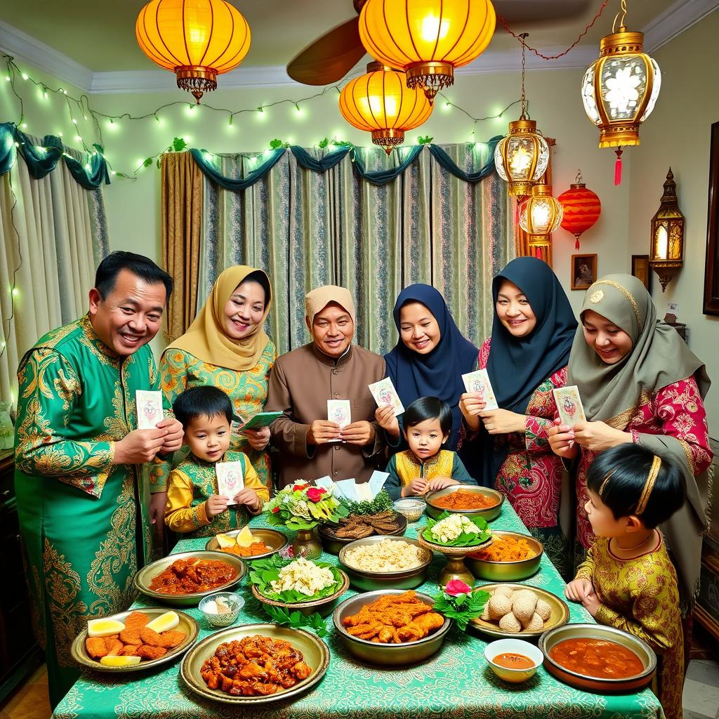 A vibrant and festive Hari Raya celebration scene, featuring a traditional Malaysian family gathering in a beautifully decorated home