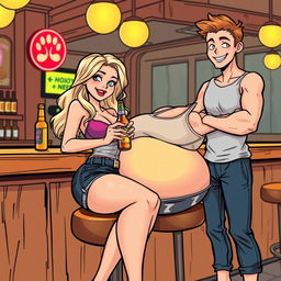 A comic book style illustration featuring a beautiful, sexy, curvy blonde girl with an innocent look, wearing tight shorts and a snug tank top