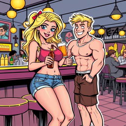 A comic book style illustration featuring a beautiful, sexy, curvy blonde girl with an innocent look, wearing tight shorts and a snug tank top