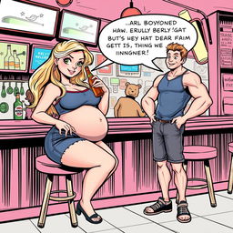 A comic book style illustration featuring a beautiful, sexy, curvy blonde girl with an innocent look, wearing tight shorts and a snug tank top