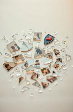 A surreal and poignant scene depicting broken pieces of glass scattered across a soft surface