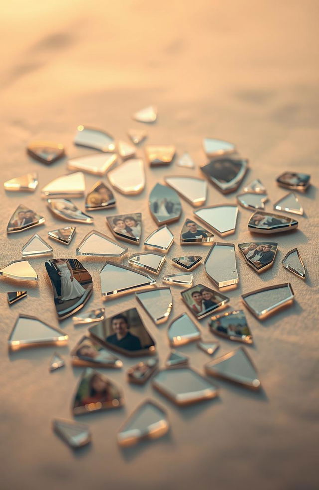 A surreal and poignant scene depicting broken pieces of glass scattered across a soft surface