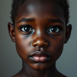 A portrait of a dark brown girl with a unique and expressive appearance, showcasing her skin's hyperpigmentation with visible pores