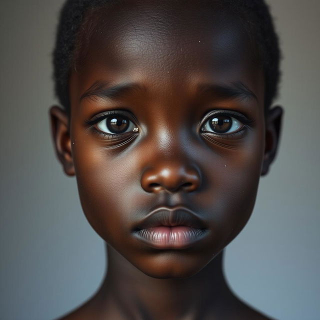 A portrait of a dark brown girl with a unique and expressive appearance, showcasing her skin's hyperpigmentation with visible pores