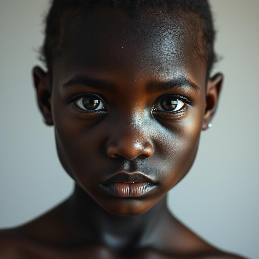 A portrait of a dark brown girl with a unique and expressive appearance, showcasing her skin's hyperpigmentation with visible pores