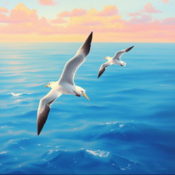 A breathtaking acrylic painting depicting two albatrosses soaring gracefully over a vast, shimmering ocean