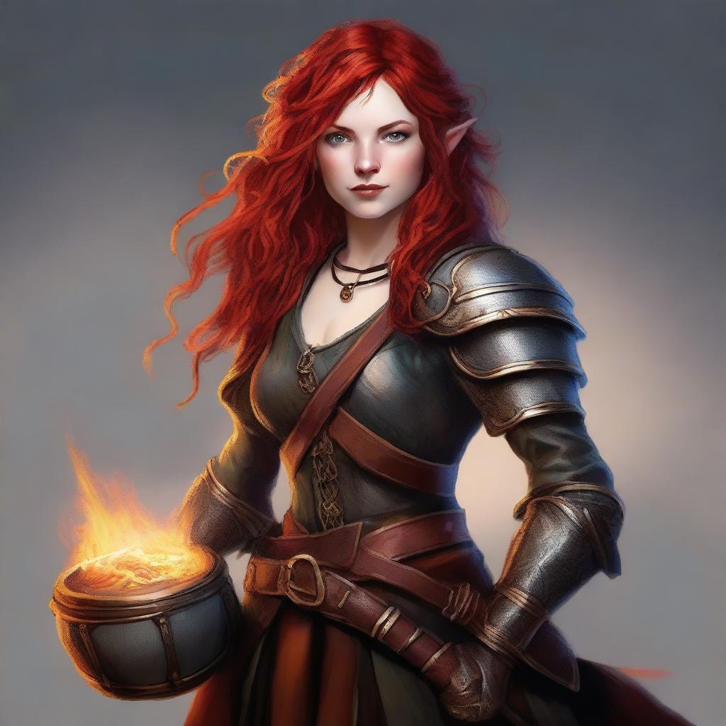 An image of a female hobbit with fiery red hair, in the style of a high-quality digital art