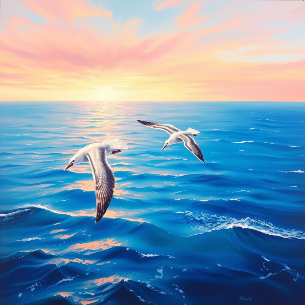 A breathtaking acrylic painting depicting two albatrosses soaring gracefully over a vast, shimmering ocean