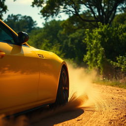 A stunning side view shot of a vibrant yellow car driving along a dusty road, with lush greenery in the background