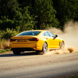 A stunning side view shot of a vibrant yellow car driving along a dusty road, with lush greenery in the background