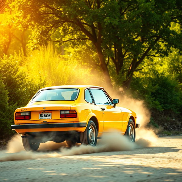 A stunning side view shot of a vibrant yellow car driving along a dusty road, with lush greenery in the background