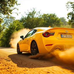 A stunning side view shot of a vibrant yellow car driving along a dusty road, with lush greenery in the background