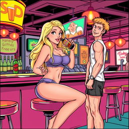 A comic book style illustration depicting a beautiful, sexy, curvy blonde girl with an innocent expression, wearing tight shorts and a snug tank top