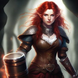 An image of a female hobbit with fiery red hair, in the style of a high-quality digital art