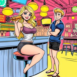 A comic book style illustration depicting a beautiful, sexy, curvy blonde girl with an innocent expression, wearing tight shorts and a snug tank top