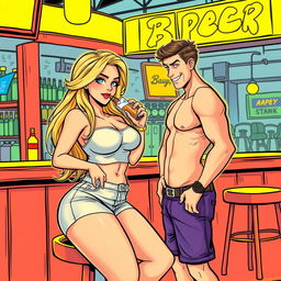 A comic book style illustration depicting a beautiful, sexy, curvy blonde girl with an innocent expression, wearing tight shorts and a snug tank top