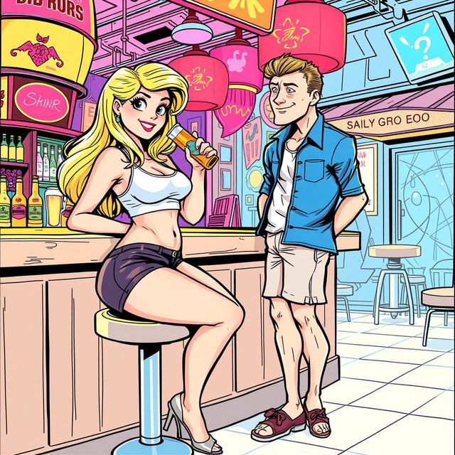 A comic book style illustration depicting a beautiful, sexy, curvy blonde girl with an innocent expression, wearing tight shorts and a snug tank top