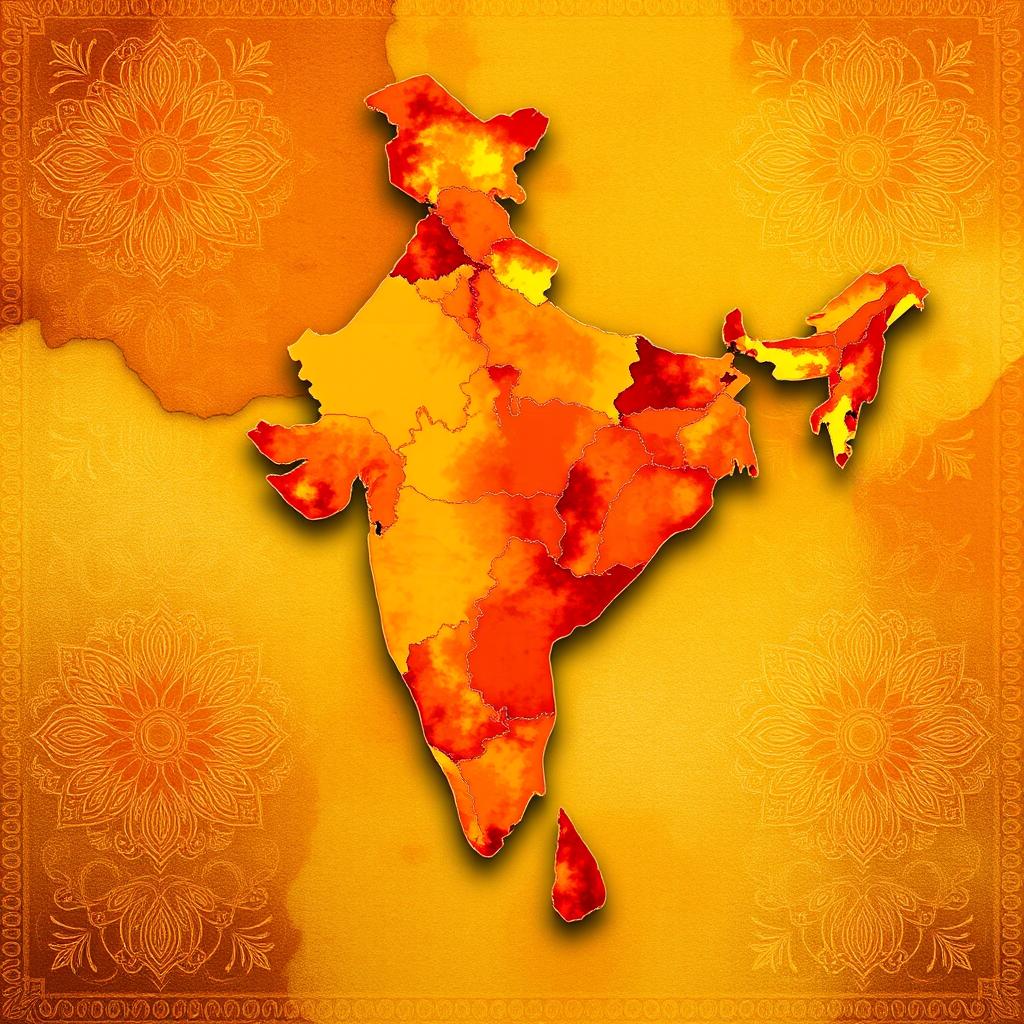 An artistic representation of the map of India, featuring warm colors such as shades of red, orange, yellow, and gold