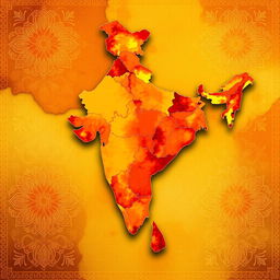 An artistic representation of the map of India, featuring warm colors such as shades of red, orange, yellow, and gold