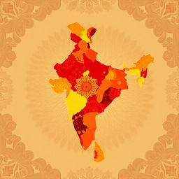 An artistic representation of the map of India, featuring warm colors such as shades of red, orange, yellow, and gold