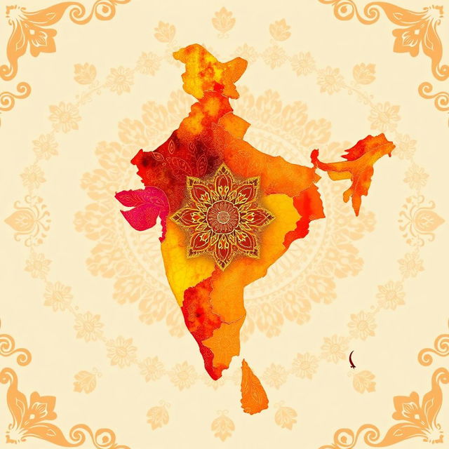 An artistic representation of the map of India, featuring warm colors such as shades of red, orange, yellow, and gold