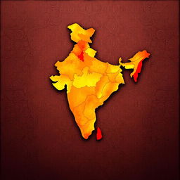 An artistic representation of the map of India, featuring warm colors such as shades of red, orange, yellow, and gold