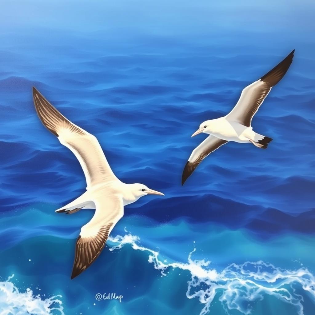 A captivating acrylic painting featuring two albatrosses soaring elegantly over the ocean