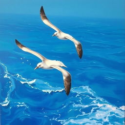 A captivating acrylic painting featuring two albatrosses soaring elegantly over the ocean