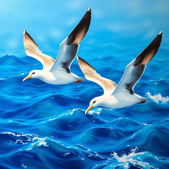 A captivating acrylic painting featuring two albatrosses soaring elegantly over the ocean