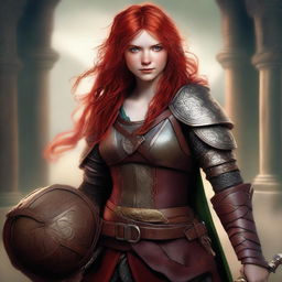 An image of a female hobbit with fiery red hair, in the style of a high-quality digital art