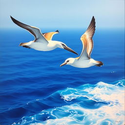 A captivating acrylic painting featuring two albatrosses soaring elegantly over the ocean