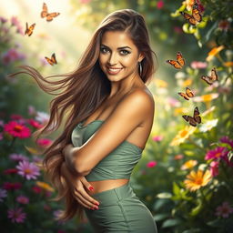 A beautiful woman with an alluring smile, her long hair flowing elegantly, standing confidently in a soft, ethereal light