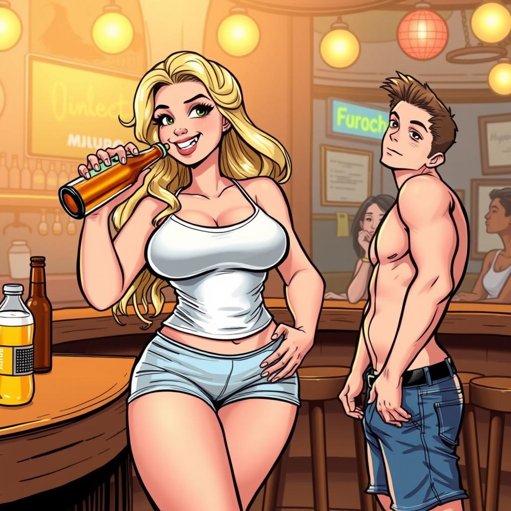 A comic book style illustration featuring a beautiful, sexy, curvy blonde girl with an innocent expression, dressed in tight shorts and a snug tank top