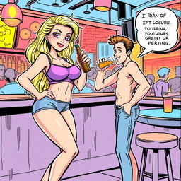 A comic book style illustration featuring a beautiful, sexy, curvy blonde girl with an innocent expression, dressed in tight shorts and a snug tank top