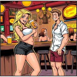 A comic book style illustration featuring a beautiful, sexy, curvy blonde girl with an innocent expression, dressed in tight shorts and a snug tank top