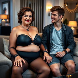 A 60-year-old woman dressed in a sexy outfit, featuring a stunningly alluring design that emphasizes her voluptuous figure and large breasts