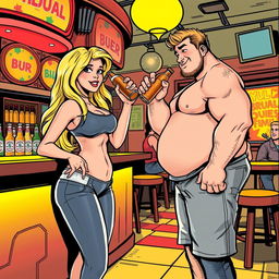 A comic book style illustration featuring a beautiful, sexy, curvy blonde girl with an innocent demeanor, dressed in tight shorts and a snug tank top