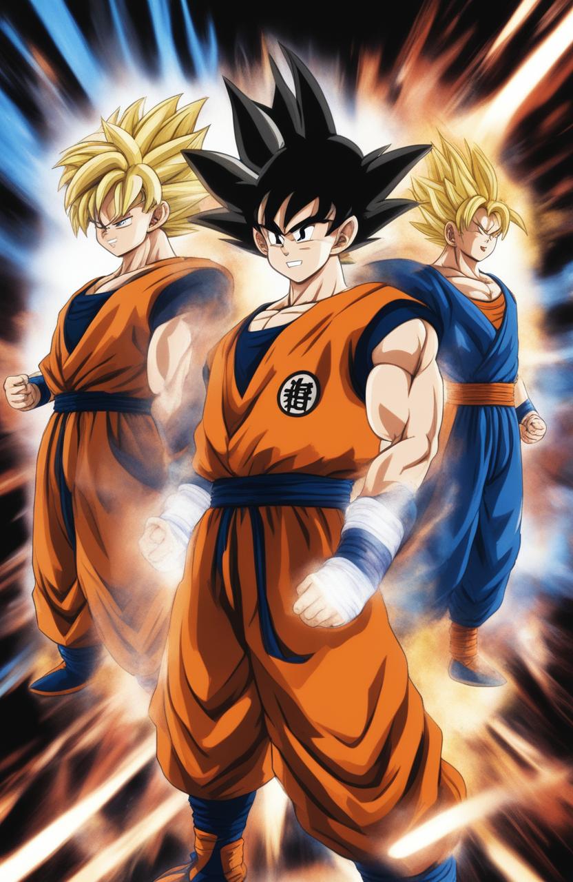 A digital art image showing four versions of Goku from Dragonball, each preparing to unleash a Spirit Bomb