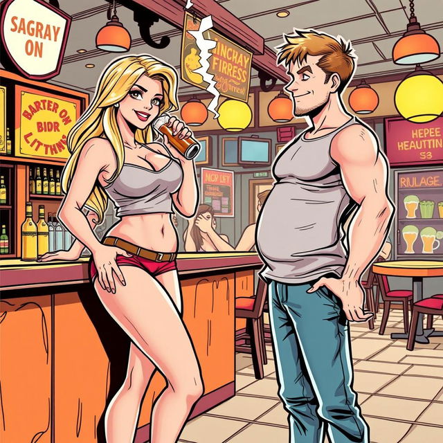 A comic book style illustration featuring a beautiful, sexy, curvy blonde girl with an innocent demeanor, dressed in tight shorts and a snug tank top