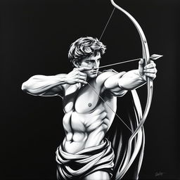 A striking black and white acrylic painting of a focused figure of David, drawn in a classical style, aiming with a bow and arrow