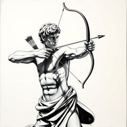 A striking black and white acrylic painting of a focused figure of David, drawn in a classical style, aiming with a bow and arrow